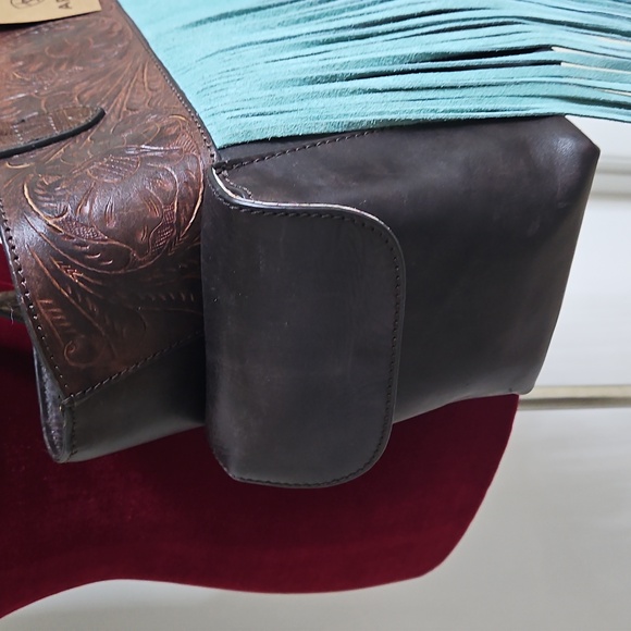 Ariat Brown Tooled Leather Tote with Light Blue Fringe - Picture 5 of 14